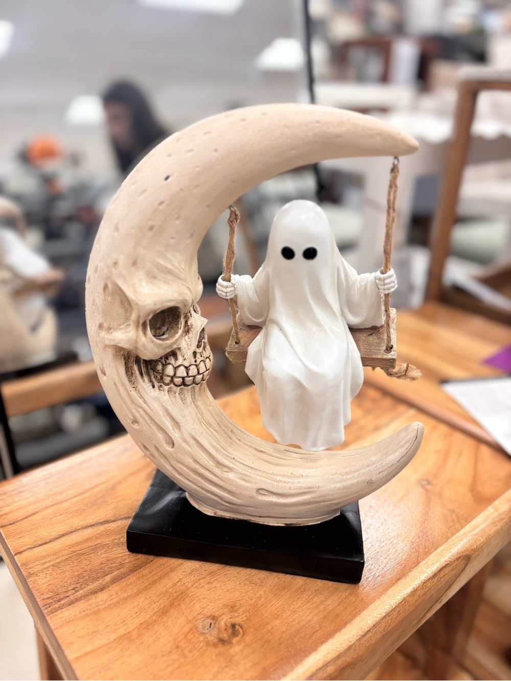 Viral Ghost on Crescent Moon Table Accent - Beige Moon, White Ghost